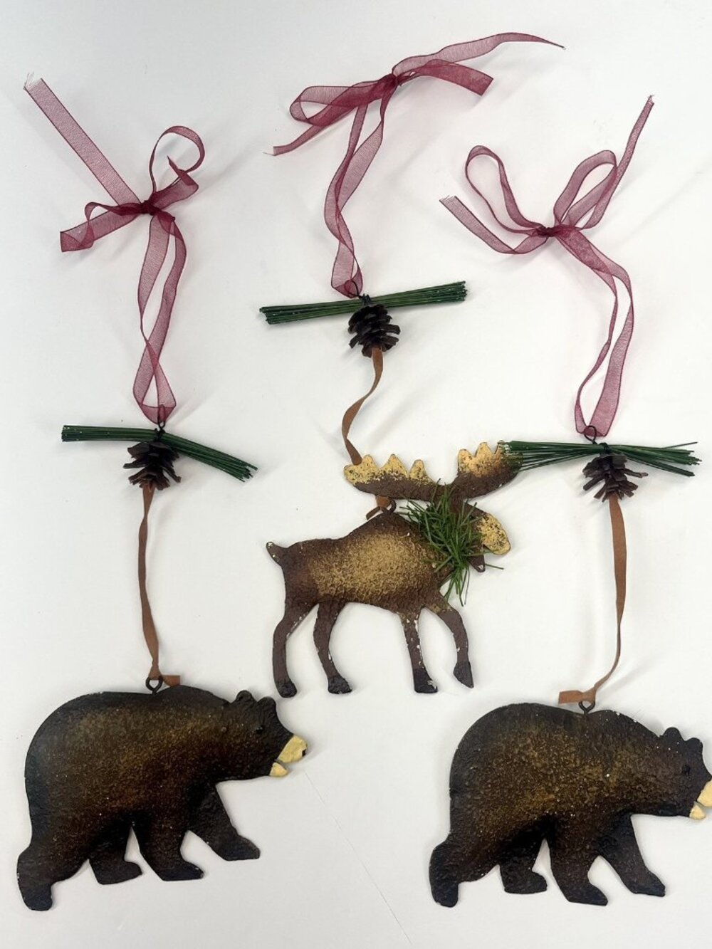 Woodland Black Metal Moose Bear Animal Rustic Christmas Ornaments Lot Of 3